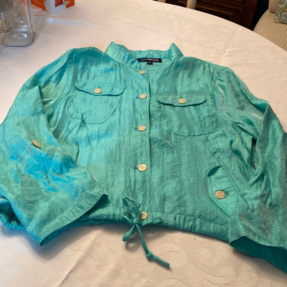 Teal blue jacket, top size extra large button down tie at the waist
